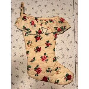 Vintage 80s Handmade Quilted Christmas Stocking Poinsettia Floral Ruffle Cream